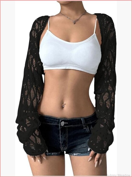 Sweaters - Y2K Crochet Cropped Shrug Lightweight Knit Cardigan Bolero Hollow Out